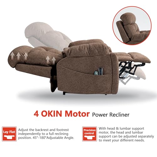 4 OKIN Motor Power Lay Flat Lift Recliner Chair for Elderly Adults Big and Tall Recliners with Heat Massage, Adjustable Head-Back-Lumbar-Leg-Support, Extended Footrest, 2 Cup Holders