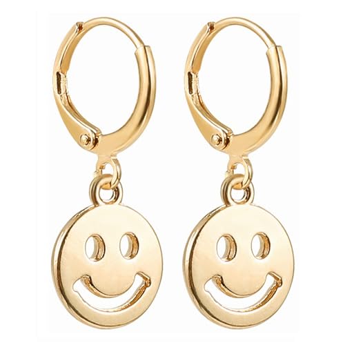 Image of Smiley Face Earrings Huggie Hoop Y2K Preppy Happy Lightning Bolt Heart Star Small Dangle Colorful Gold White Red Pink Yellow Blue Jewelry