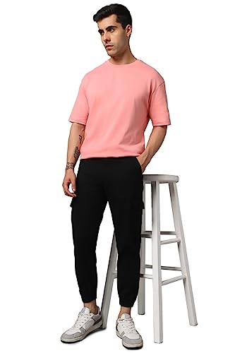 Image of Hubberholme Men's Regular Fit Cotton Trousers, Ankle Length Button Closure Elasticated Waist Cargo Joggers