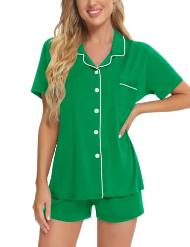 Image of SWOMOG Womens Button Down Pajamas Set Short Sleeve Sleepwear Bride Soft Pj Lounge Sets XS-3XL