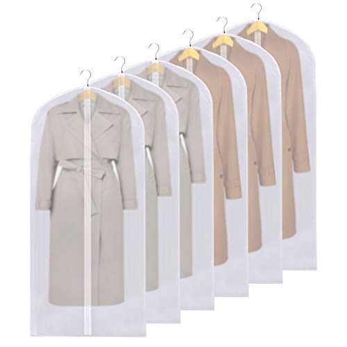 White Breathable Dust Cover Hanging Garment Bag Clear Lightweight Suit Bags Dust-Proof with Full Zipper for Clothes Storage Closet Set of 6 24 x 60-6pcs
