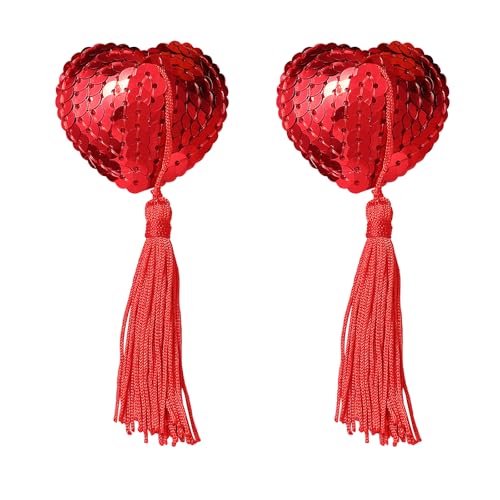 TIESOME Nippelpasten, Pailletten nippelpads mit Quaste, Selbstklebende und Wiederverwendbare Brustwarzenabdeckung, Herzförmige Nipple Cover für Frauen, Sexy Nippelpads für Burlesque, Pole Dance Party