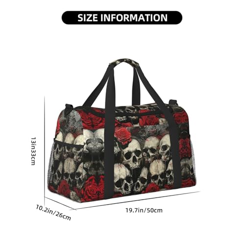 Skull And Red Rose Foldable Travel Duffel Bag Tote Carry On Luggage Bag For Weekend Getaways, For Spontaneous Trips4