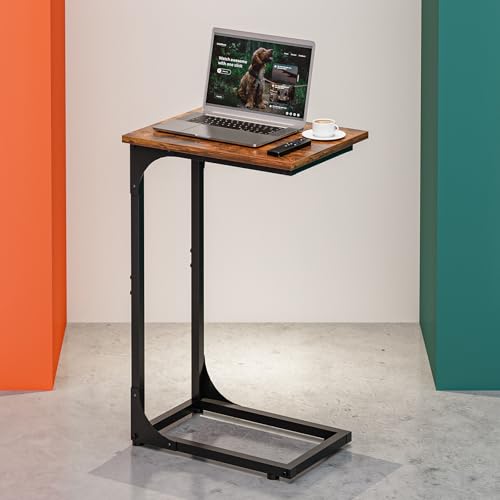RISWER C-Shaped Side Table for Couch - Small Coffee Stand Sofa Tray Desk with Metal Frame and Waterproof Scratch Resistant, Modern End Accent for Living Room, Bedroom, Small Spaces, Rustic Brown