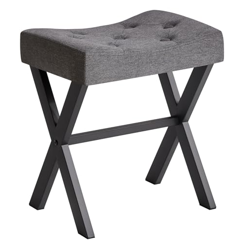 IBUYKE Taburete de tocador de lino en forma de U, taburete cuadrado de maquillaje con patas en X, taburete reposapiés de asiento otomano, multiusos como mesa auxiliar pequeña, para dormitorio, sala de