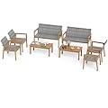 Tangkula 8 Pieces Outdoor Furniture Set, Acacia Wood Frame Sofa Set w/Rattan Seat & Back, Patio Conversation Set w/Coffee Table for Balcony, Poolside, Backyard