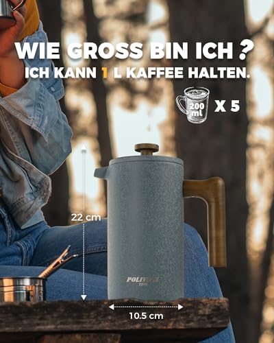 Poliviar French Press Kaffeebereiter 1 Liter/8 Tassen- Doppelwandige Isolierte Kaffeekanne und Teebereiter- Handfilter Kaffeepresse mit Plunger & Griff aus Holz (JX2023-FPLU-DE) 4
