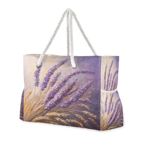 Lavender Painting Beach Bag & Travel Tote Bag Large Sandproof with Zipper Closure, Wet Pouch for Swim Gym Travel, Lightweight Foldable Outdoor Bag