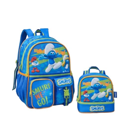 Mochila Escolar + Lancheira Oficial Os Smurfs Clio Style Azul Smurfs