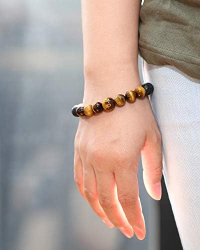 Jewboo Tiger Eye with Lava Rock Bracelet for Women Men Yoga Meditation Aromatherapy Anxiety Essential Oil Diffusion Stretch 10mm