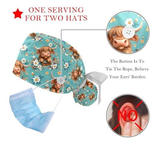 Image of 2 PCS Bouffant Cap with Button Ponytail Pouch Working Cap Sweatband Adjustable Surgical Cap Black and White Cow