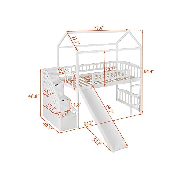 Biadnbz twin size loft bed with stair and slideplayhouse loftbed with two drawers for kidsteensbedroomwhite  urban country home decor