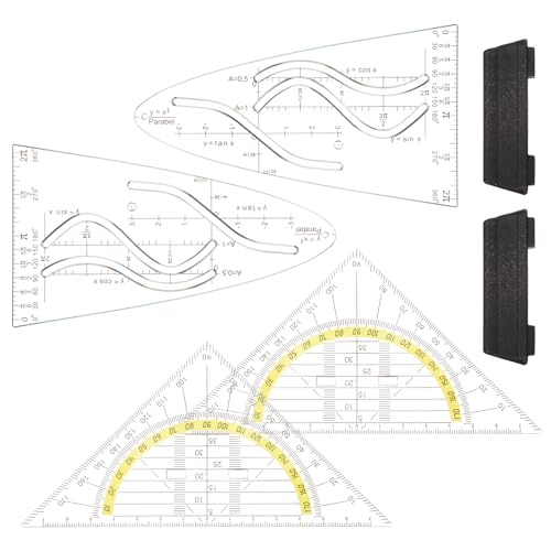 TIESOME 4 plantillas de parábola matemáticas, 14 cm, con mango negro, transparente, regla de parábola, plantilla de curva, coseno, tangente, escuadra de plástico, para estudiantes, oficinas y