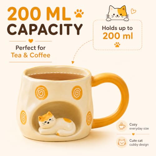 Image of 3D Sleeping Cat Mug with Gift Box | Cute Ceramic Coffee & Tea Cup for Cat Lovers, Women and Girls | 200 ml, Orange