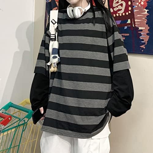 Harajuku Oversized Striped Shirt Grunge Clothes Y2K Crew Neck Baggy Shirts Emo Scene Clothes Streetwear Pullover2