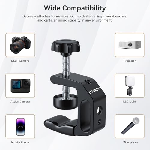Image of UTEBIT Desk C-Clamp for Desktop Mount Holder, Aluminum Universal Table Clamp with 1 /4 and 3 /8 Thread Hole, 0.36 inch-1.2 inch Desktop DSLR Mount for Shelves, Desk, Rods, Camera