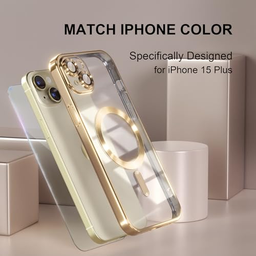 Image of Misea Magnetic for iPhone 15 Plus Case Compatible with MagSafe Gold | [Never Yellowing] [Military Drop Protection] Full Camera Lens Protector Plating Soft Clear Phone Case for Women, Gold