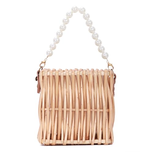 Oweisong Rattan Beach Bag for Women Small Woven Straw Purses Summer Vacation Square Wicker Shoulder Bag with Pearl Strap