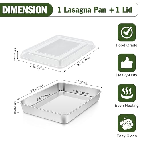 Image of TeamFar Baking Pan with Lid, 9.3 inchx 7 inch Stainless Steel Rectangular Cake Lasagna Pan with Cover for Cake Brownie Casseroles, Healthy & Sturdy, Oven & Dishwasher Safe - (1 Pan + 1 Lid)