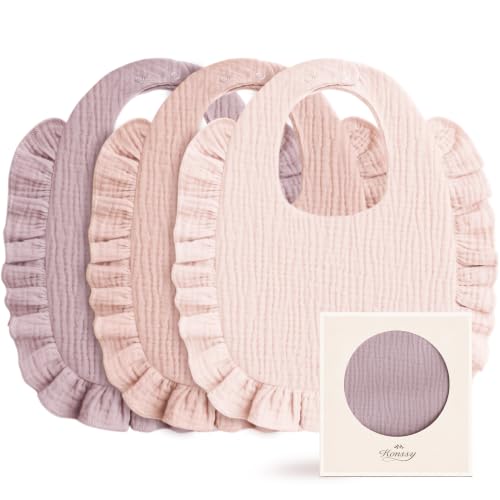 Image of Konssy 3-Pack Muslin Baby Girl Bibs, 100% Cotton with Ruffle Trim