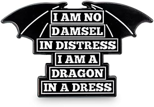 Moonmoli I Am No Damsel in Distress I Am A Dragon in A Dress Feminist Pins with 2 Secure Butterfly Clutch Pins - Female Empowerment Enamel Pins for Backpacks, Hats, Lapels, Bags or Jackets - 1.5" Tall