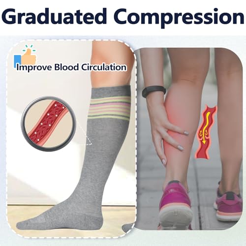 Image of +MD Cotton Compression Socks for Women & Men 4 /6 Pairs 15-20mmHg Knee High for Sports, Travel, Nursing Long Sitting Standing