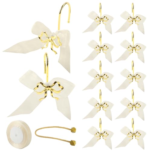 Muomdid 12pcs Gold Shower Curtain Hooks Bow Shower Curtain Hooks with Bow Ribbon Decorative with Curtain Tieback for Nursery Living Room Bedroom Bathroom Decor