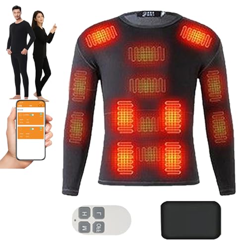 Femxizor Ropa Interior Térmica Eléctrica con Batería, Camiseta Térmica Calefactable para Exteriores, Pantalones Calefactados De 16 Zonas, Control Inteligente por Aplicación, Unisex,S,Tops