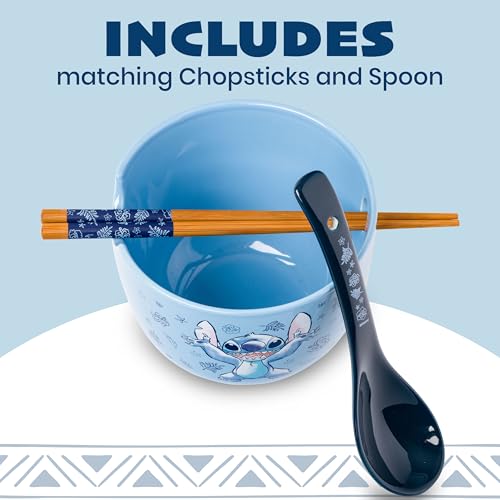 Silver Buffalo Disney Lilo and Stitch Hands Up Leaves and Flowers Ceramic Ramen Noodle Rice Bowl with Chopsticks and Spoon, Microwave Safe, 20 Ounces