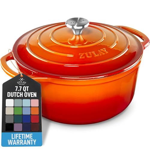Image of Zulay Kitchen 7.7 Quart Enameled Cast Iron Dutch Oven Pot with Lid - Premium Durability & Oven Safe up to 500F - Heavy Duty Cookware Perfect for Bread Baking, Stews, Braising & Roasting - Orange