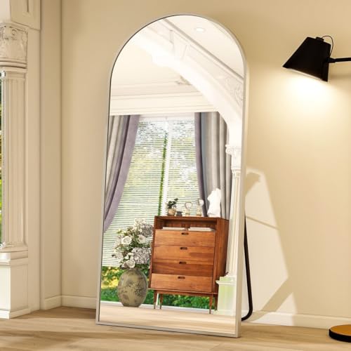 Image of Arch Top Full-Length Mirror | Floor Standing or Wall Mounted | Minimalist Design in Gold, Black & Silver | Oversized Mirror for Bedroom & Entryway (Silver, 170x70 cm)