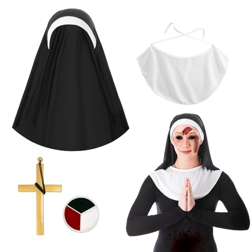 4 peças Dia das Bruxas fantasia acessórios para mulher, fantasia de freira, chapéu de freira, pescoço de freira, pendente de cruz, colar de pintura corporal para Halloween, cosplay, festa, mulher,