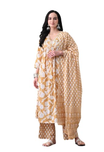 Image of MEERA FAB Alia Cut Kurta Palazzo and Dupatta Set,Pure Cotton, with Embroidery, Block Print