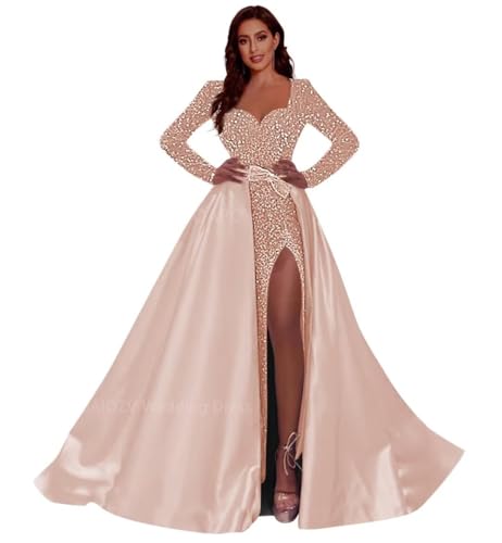 CWOAPO Long Sleeve Prom Dress with Slit Sequin Satin Ball Gown for Women Formal Evening Party Gown with Detachable Train3