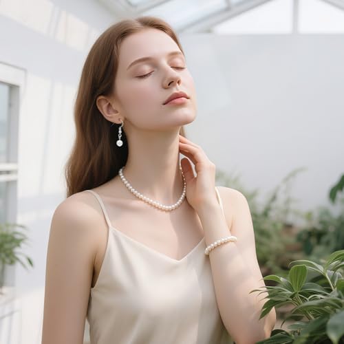 TIESOME Pearl Necklace Bracelet Earrings Set, Faux Pearl Jewelry Set Necklaces for Women White Costume Jewelry Accessories for Women Wedding Birthday Valentine Gifts(6mm) - Image 4