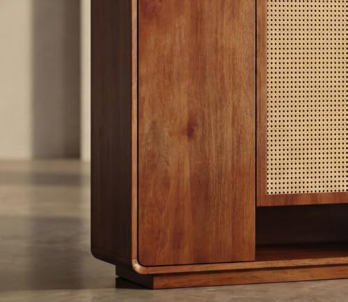 Image of Shoe Cabinet with Cane Detailing, Mango Wood, Solid Wooden Cane Shoe Rack Cabinet Storage with Shelf Storage for Entryway, Living Room, Balcony & Home (B-Hony)