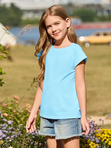 Image of Haloumoning Girls Cap Sleeve T Shirts Kids Summer Crewneck Solid Tops Tees 5-14 Years