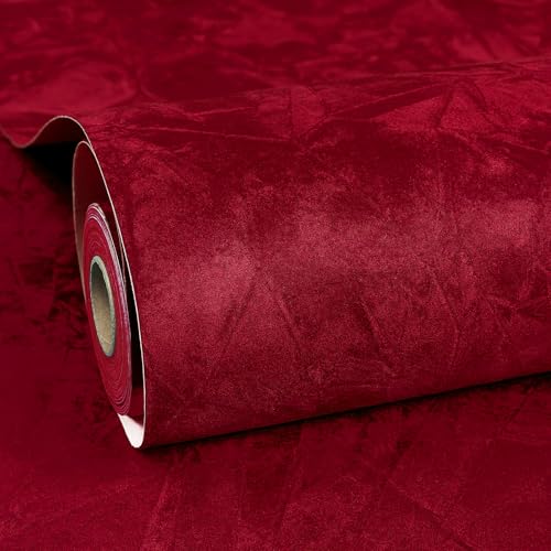 ReWallpaper 17.5inx23ft Red Peel and Stick Wallpaper Removable Velvet Wallpaper Self Adhesive Textured Burgundy Velvet Fabric Wall Paper Vintage Red Contact Paper for Cabinets Living Room Wall Decor