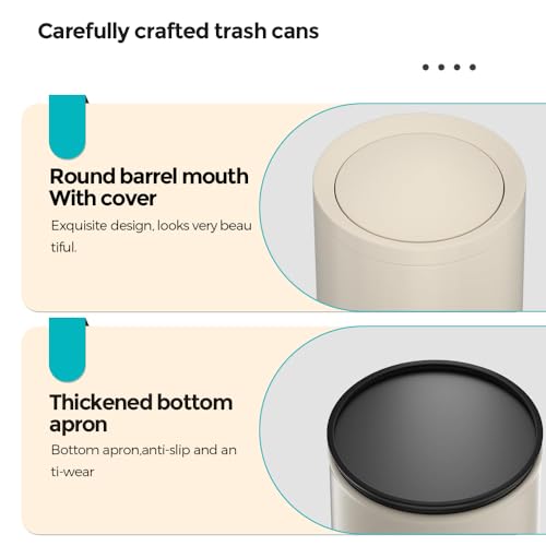 Image of 2.3 Gallon /9L White Round BathroomTrash Can with Swing Lid | Metal, Modern, Elegant Waste Basket, For Bathroom, Bedroom, Living Room, Office, RV, Home