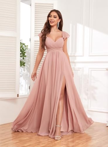 VCCICANY Ruffle Chiffon Bridesmaid Dresses with Slit Pleated Prom Dress with Pockets Evening Formal Gown3
