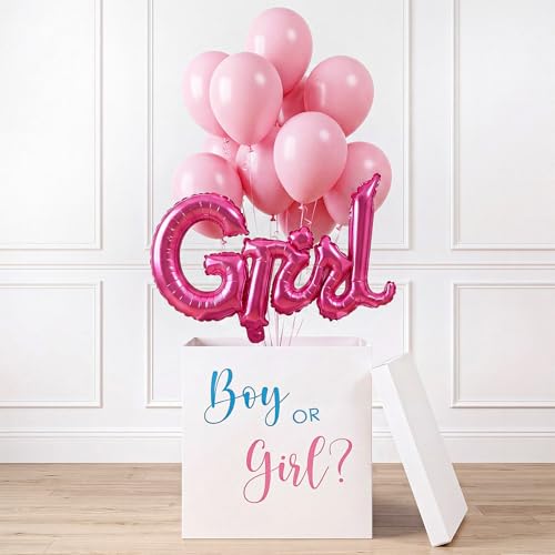 Kolldenn 28 Inches Giant Gender Reveal Gift Box with Lid Kit Extra Large White Gift Box with Boy or Girl Themed Stickers Balloons for Gender Reveal Birthday Party Decor Baby Shower (Girl)