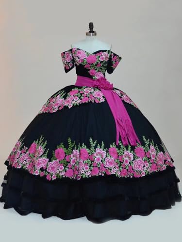 Mollybridal Black Ball Gown Prom Dresses Off Shoulder Velvet Hot Pink Floral Flower Corset Quinceanera Evening Dress 20253