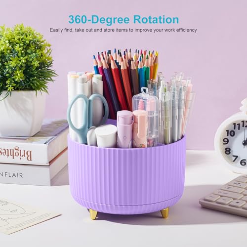 Image of 360 Rotating Plastic Desk Pen Organizer with 5 Slots, Dual-Purpose Art Supply Pencil Cup for Office, School, Home Light Purple