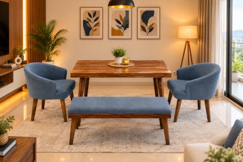 Image of DaneWood Wooden Dining Table 4 Seater | Four Seater Dinning Table with 2 Upholstered Dining Chairs & 1 Upholstered Bench | Dining Room Sets for Restaurants | Sheesham Wood | Honey Finish & Grey