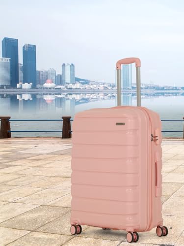 Image of Teakwood MA Trolley Bag, Hard with Zipper Closure, Adjustable Push Button & Cross Side Strap, Number Lock System 360 Degree (Medium, Rose)