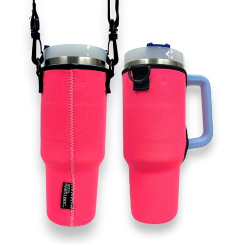 Drink Handlers 40oz Tumbler Holder - Neoprene Coffee & Tea Sleeve w/Handle - Insulated Cover & Water Resistant Beverage Holder for Large to XL Tumblers, Handler Sleeve, Neon Pink