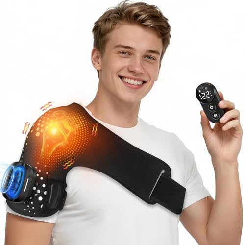 WNH Cordless Shoulder Heating Pad with Massage Magnetic Detachable Remote Control 5 Heat & 5 Vibration Modes 3 Auto Shut-Off Timer Adjustable Heated Shoulder Wrap for Men Women (Black)