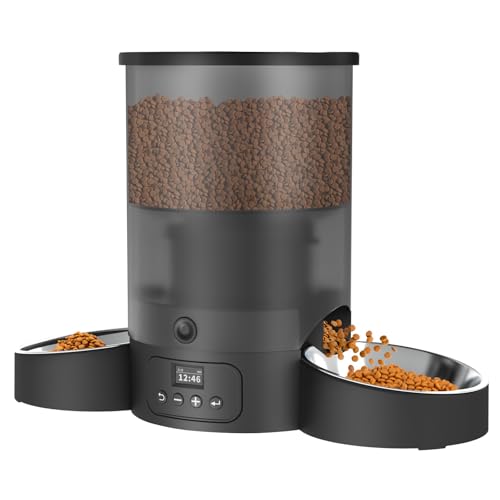 Automatic Cat Feeder for 2 Cats, 3L Food Dispenser SURDY Auto Cat Feeder with 2 Stainless Bowls (Black, 3L)