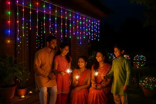 Image of Litehom Icicle Diwali Lights Outdoor, 10ft 96 LED with 16 Drops Icicle Lights, Plug in Lights with 8 Modes Waterproof for Decoartion Light for Diwali, Christmas, Birthday, Ganesh Puja (Multicolor)