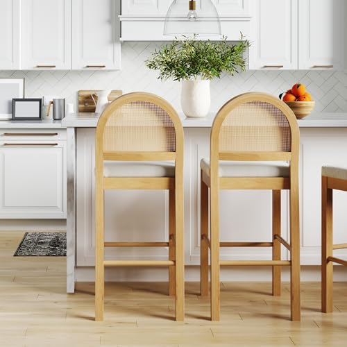 Image of Nathan James Bailey 29 in. Boucle Bar Stool with Back, Upholstered Kitchen Stool with Natural Rattan Woven Back and Solid Wood Legs, Oak Finish